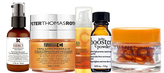 From left to right: Kiehl’s Powerful-Strength Line-Reducing Concentrate, Peter Thomas Roth Camu Camu Power C x 30 Vitamin C Brightening Moisturizer, The Body Shop Vitamin C Boost, Philosophy Turbo Booster C Powder, Lumene Vitamin C+ Radiant Beauty Drops