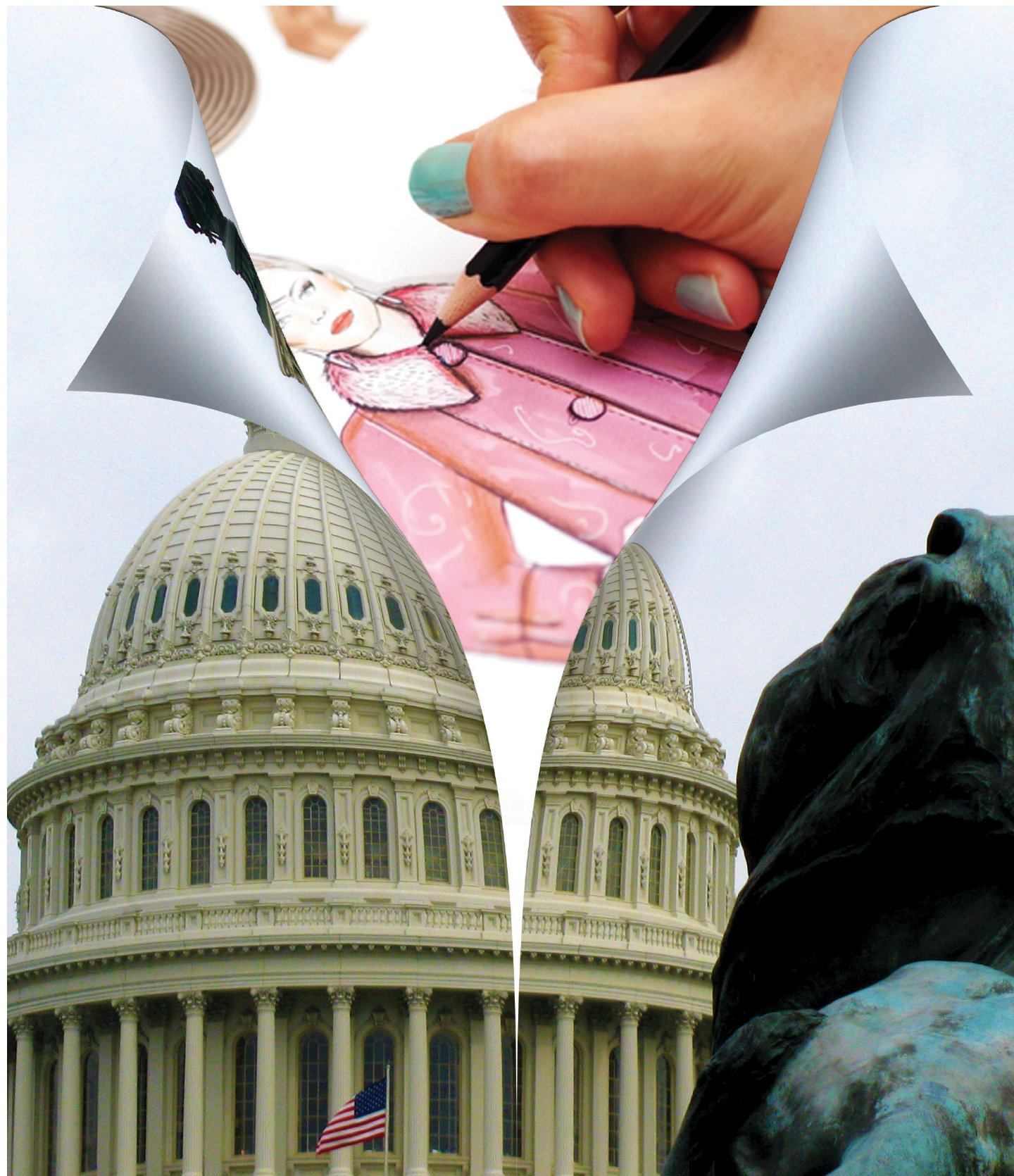 Collage of the Capitol dome splitting open like torn paper to reveal a hand sketching a fashion illustration of a woman in pink