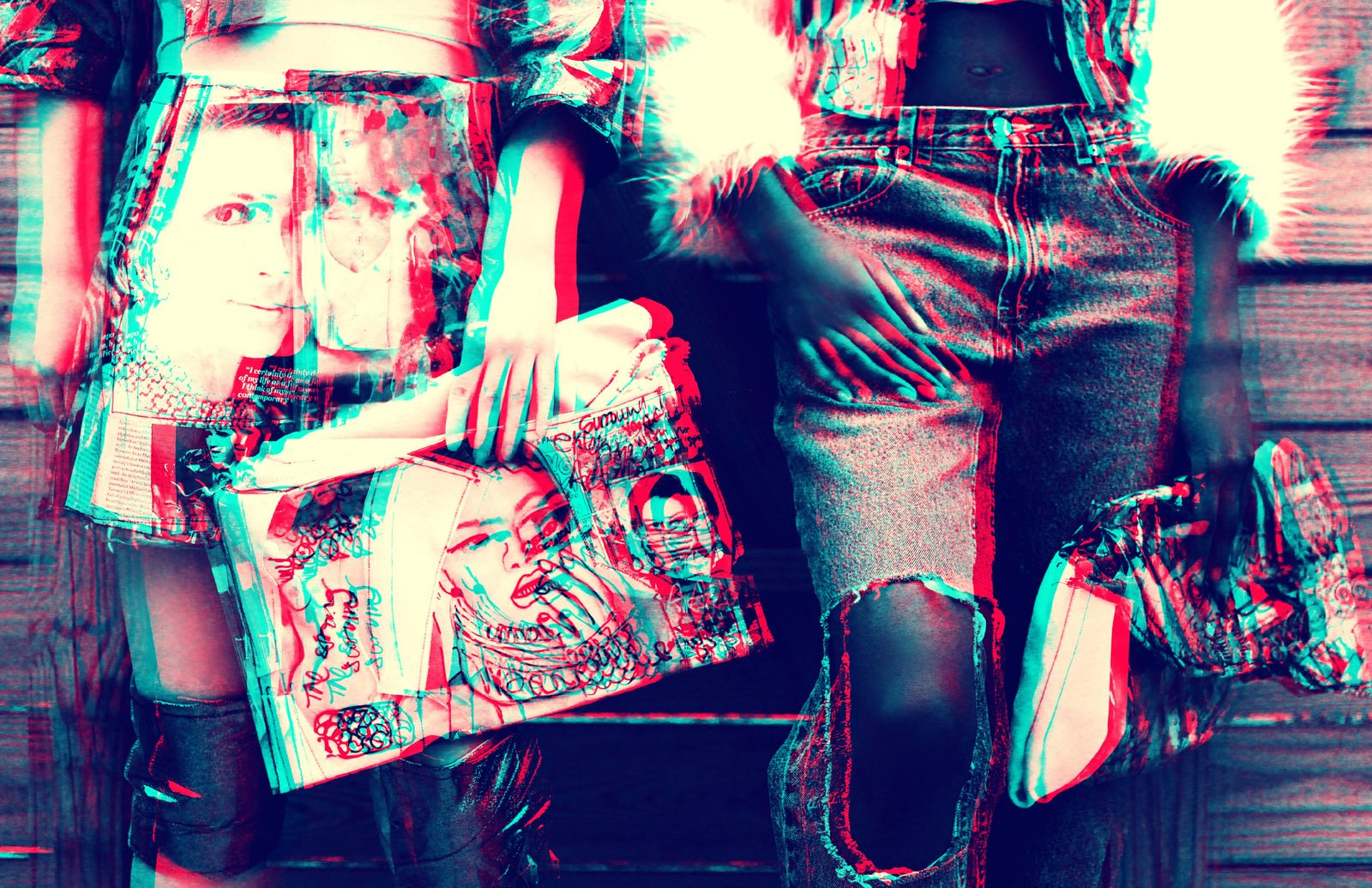 Glitch effect close up of two models' hands holding collage clutches next to ripped jeans and pink fur