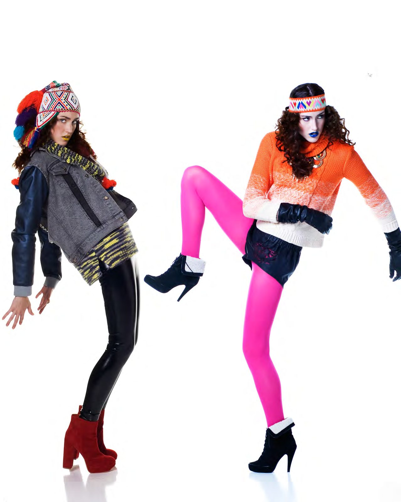 Two models in dynamic poses, one in a grey jacket, latex leggings and a Peruvian knit hat, the other in an orange sweater, pink tights and a Peruvian headband