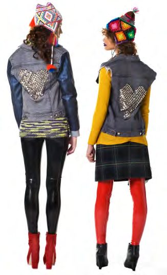 Two models seen from behind in studded denim vests and Peruvian knit hats, one in black leggings and one in red leggings