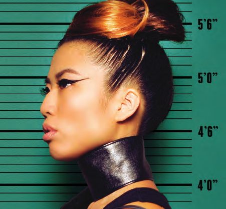 Profile mug shot of a model with a copper-tipped updo, dramatic winged liner and a black leather collar against a teal height chart