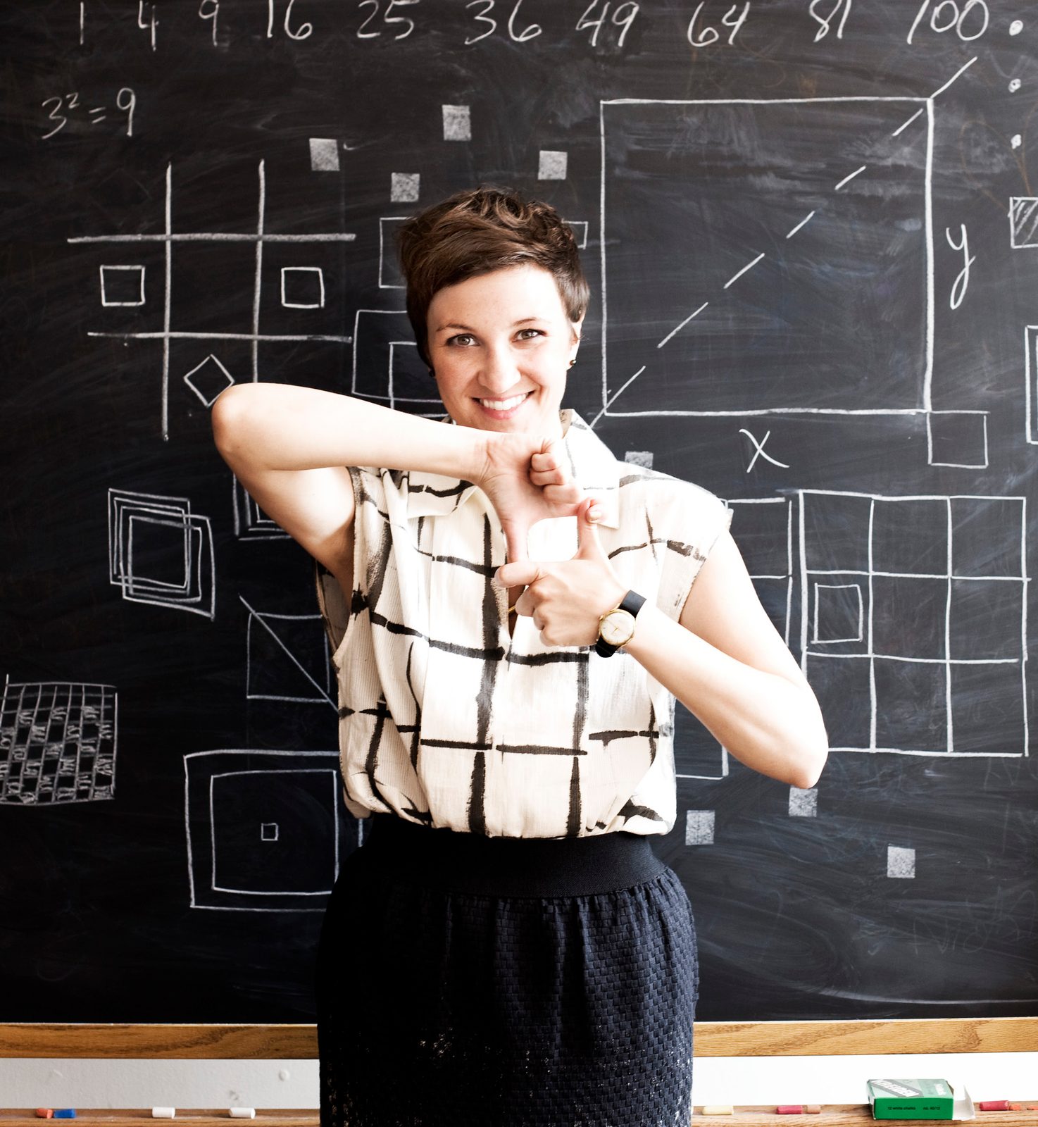 Tara St James posing with her hands framing her face in front of a chalkboard covered in squares and math