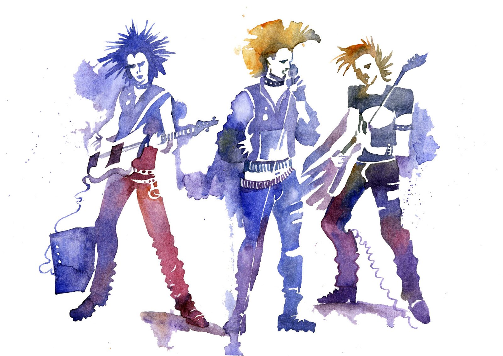Watercolor illustration of a three-piece punk band in purple and blue washes: a spiky-haired bassist, a mohawked singer with a mic and a guitarist with orange hair